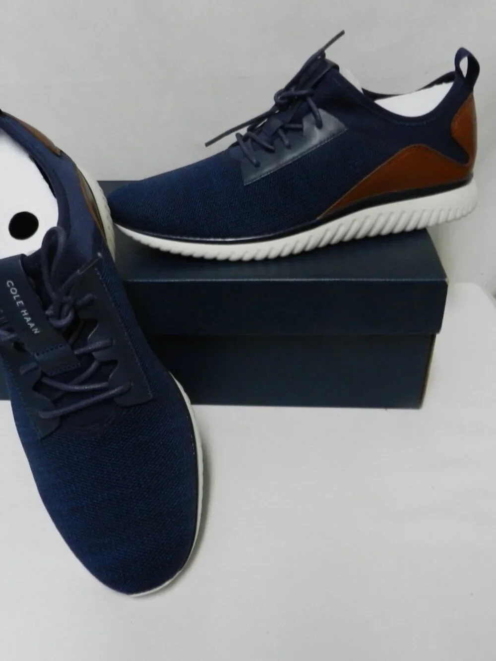 Cole Haan Grand Sport Sneakers Knit w/ Leather blue brown Men NIB NEW Size Sz 10 - Picture 1 of 16